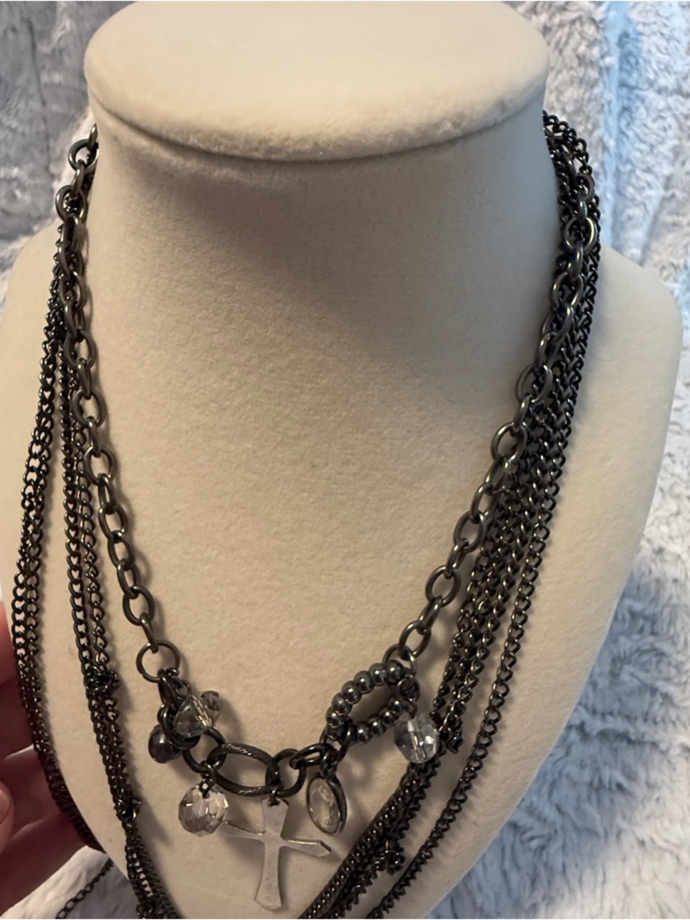 Source Unknown Gunmetal Multi-Layer Cross Necklace with Crystal Drops - Picture 4 of 6